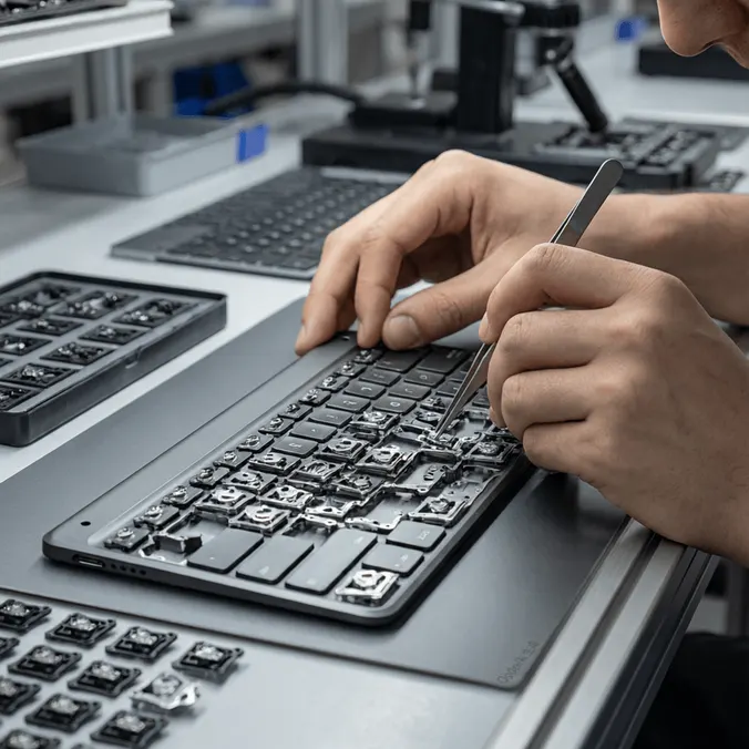 Technician mounting scissors and keycaps on a MagDeck deck